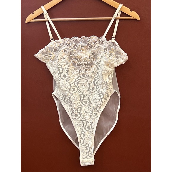 Cinema Etoile Tops - 90s Cinema Etoile Bodysuit Lace Pearl Sequin Coquette Regencycore Bridal Ivory S